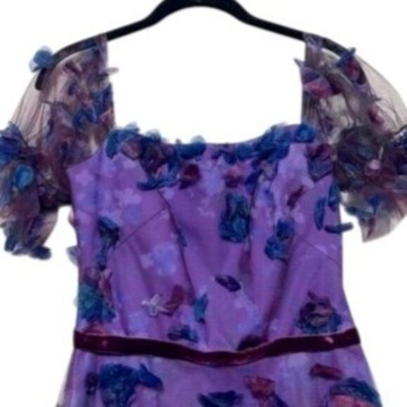Marchesa Notte Purple & Blue 3D Floral Tulle Off-Shoulder Cocktail Dress Size 4 - Picture 5 of 12